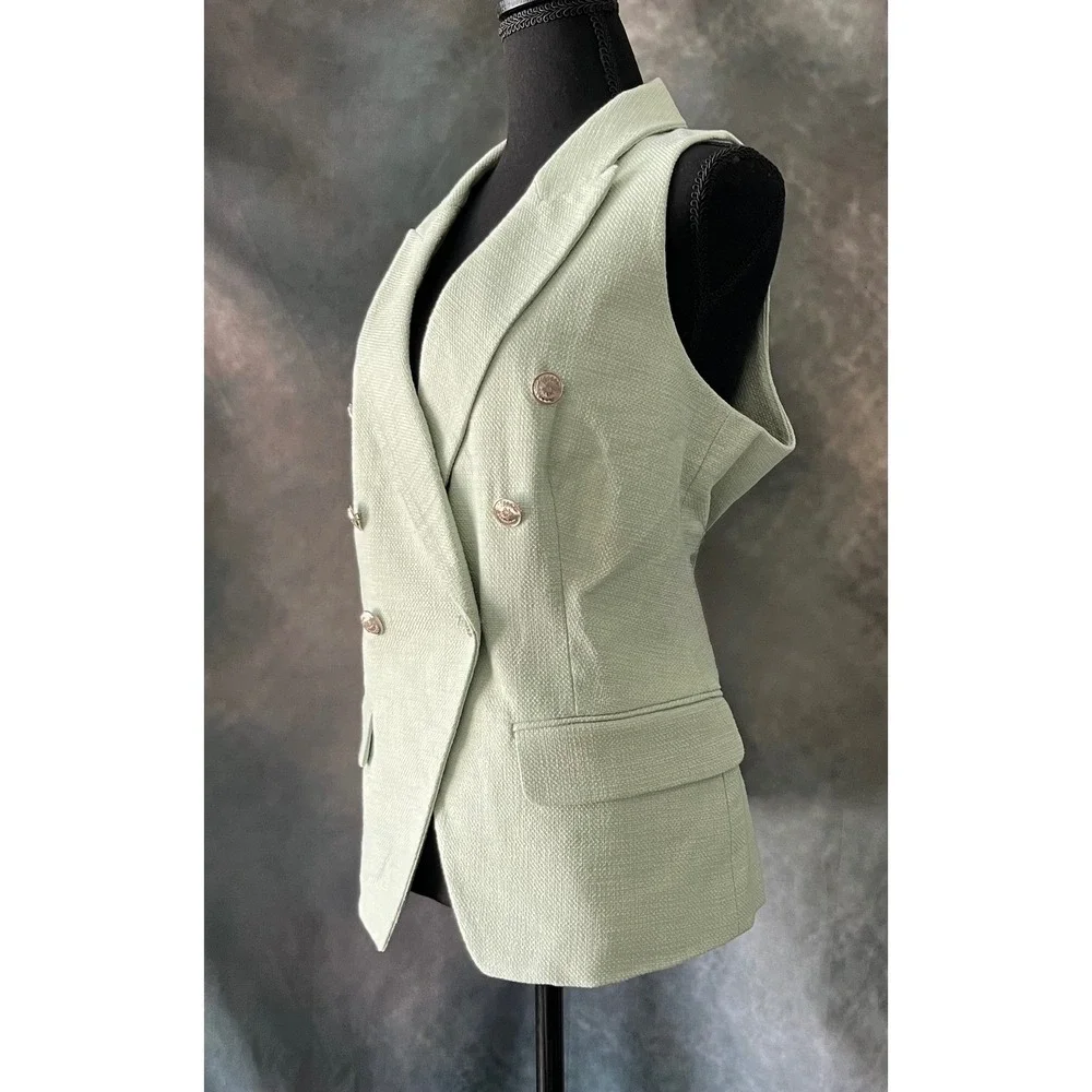 White House Black Market Tweed Vest Sleeveless Light Green Double Breasted 14 - Picture 2 of 7